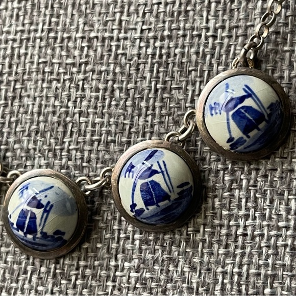 Vtg Five Pendant Charms Enamel Dutch Holland Windmill Silver Tone 16" Necklace - Picture 6 of 12